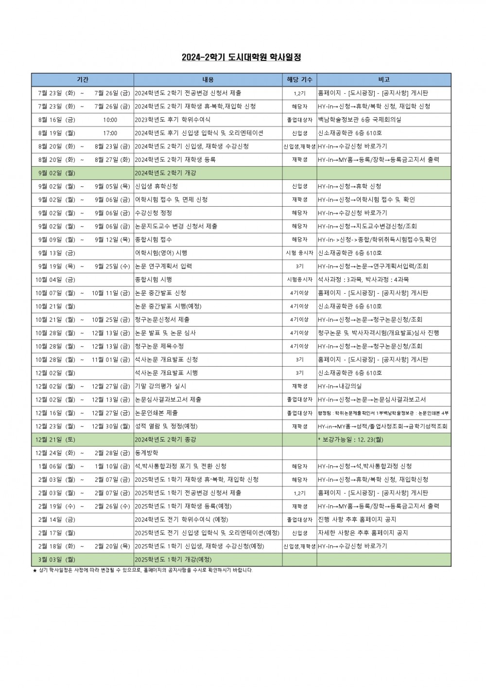 2024-2학기 도시대학원 학사일정표